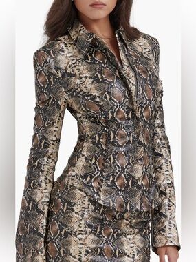 House of CB Brown Snake-Print Fitted Leather Jacket